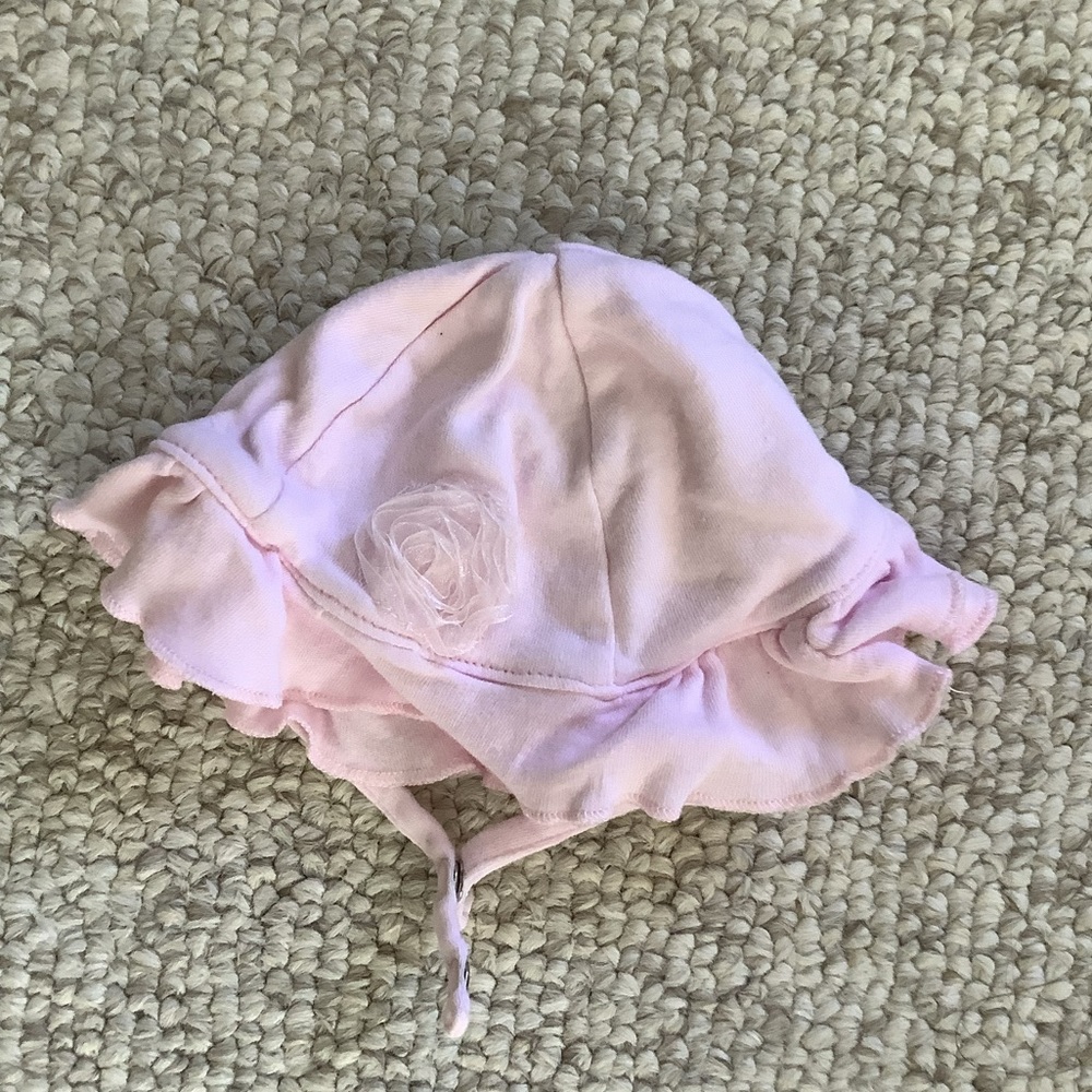 Newborn Cutie Pie Baby Bonnet Pink Ruffle Trim Snap Under Chin Strap Layette